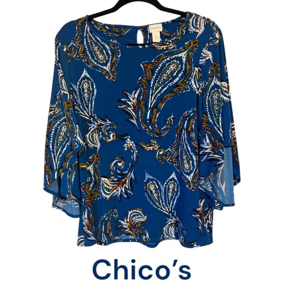 CHICO'S Tops - CHICO'S PRETTY PRINT TOP w/FLUTED SLEEVES MEDIUM #C